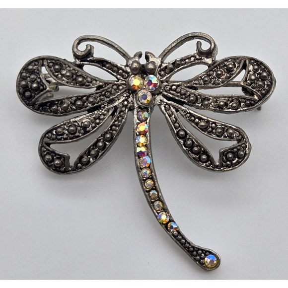 Dragonfly Jewelry - Vintage Dragonfly Brooch Silver Tone Marcasite Style AB Rhinestone Insect Pin